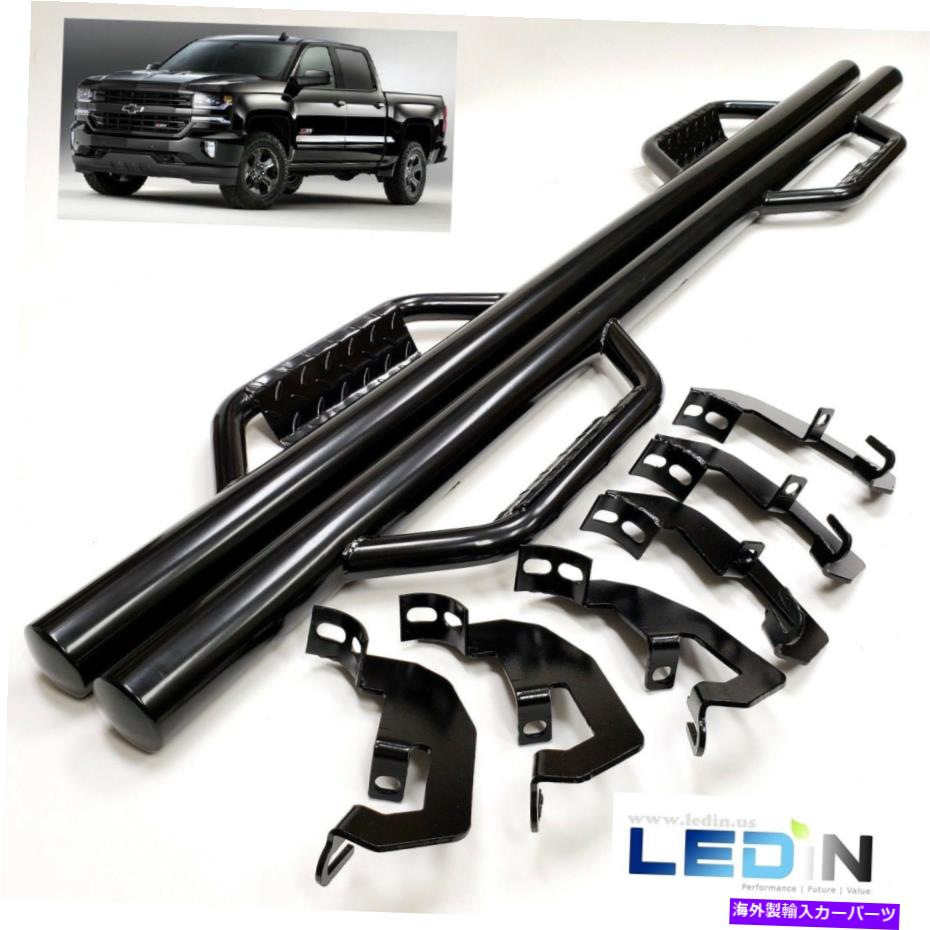 Nerf Bar 07-18のサイドステップナーフバーシルバラードGMCシエラクルーキャブブラックドロップステップ Side Step Nerf Bar For 07-18 Silverado GMC Sierra Crew Cab Black Dropped Step