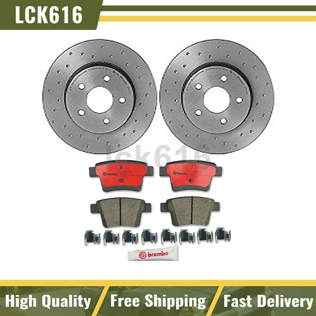 brake disc rotor 2005年から2008年のジャガーXタイプのためのブレンボセラミックパッドドリルドロット＆スロットローターリア Brembo Ceramic Pads Drilled & Slotted Rotors Rear For 2005-2008 Jaguar X-Type