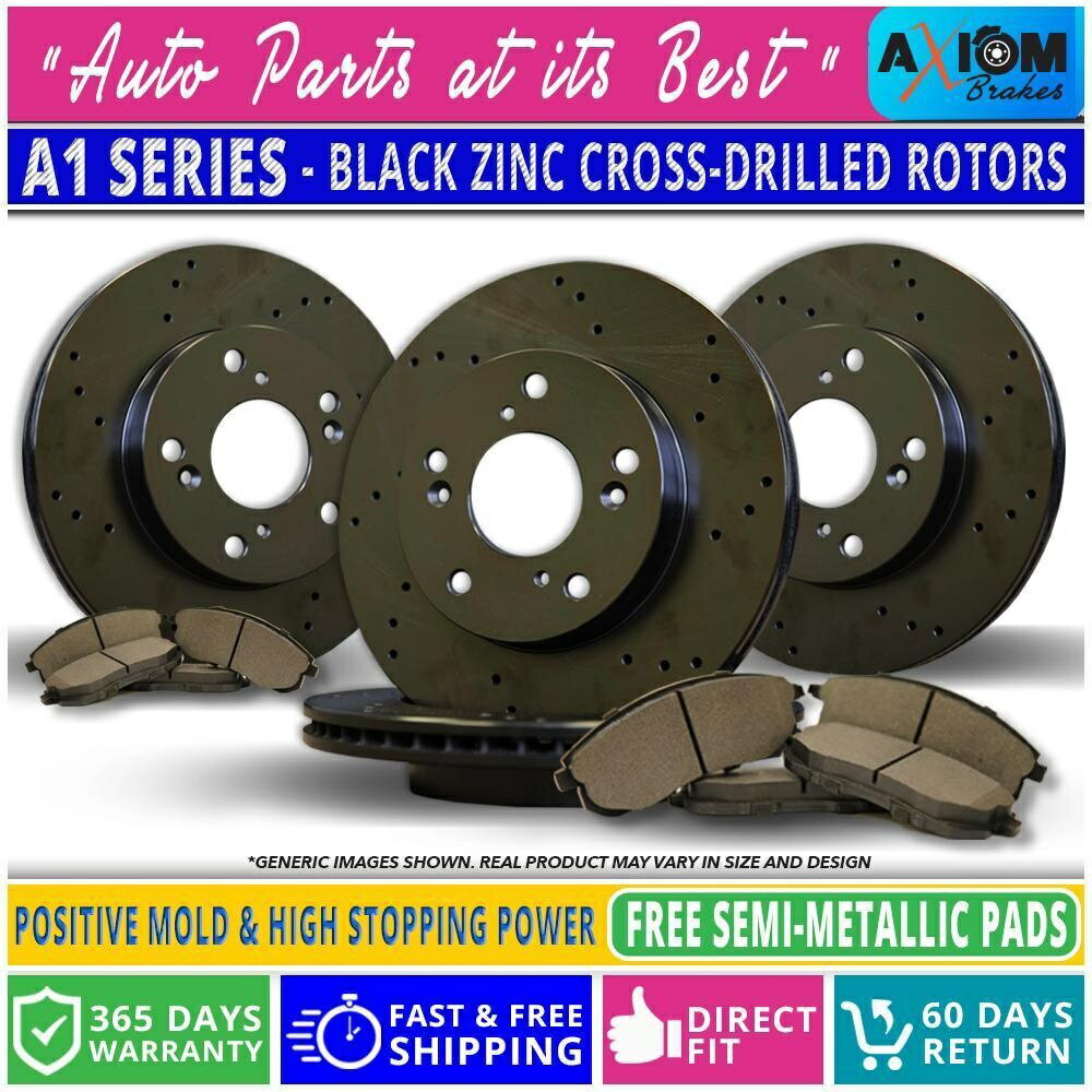 brake disc rotor （前後キット）ブラックアンチラストドリルドリル-4ブレーキローターと8セミメット。ブレーキパッド (Front-Rear Kit) Black AntiRust Drilled -4 Brake Rotors &8 Semi-Met. Brake Pads