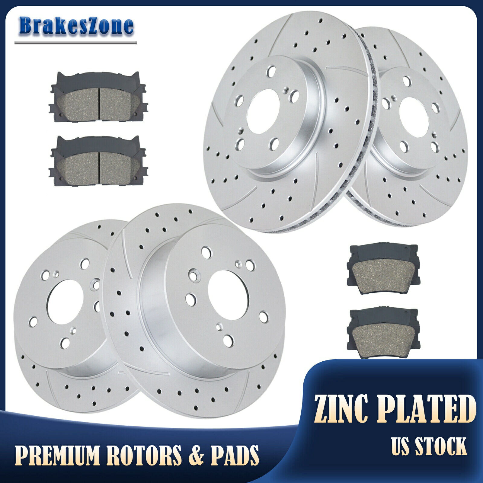 brake disc rotor トヨタアバロンカムリドリルブレーキ用のフロントおよびリアブレーキローターセラミックパッド Front and Rear Brake Rotors Ceramic Pads for Toyota Avalon Camry Drilled Brakes