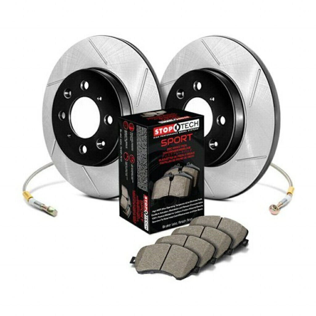 brake disc rotor STOPTECHフロントブレーキパッド/ブレーキローター/ブレーキライン掘削＆スロット型キットとして販売 StopTech Front Brake Pads/Brake Rotor/Brake Lines Drilled & Slotted Sold as Kit