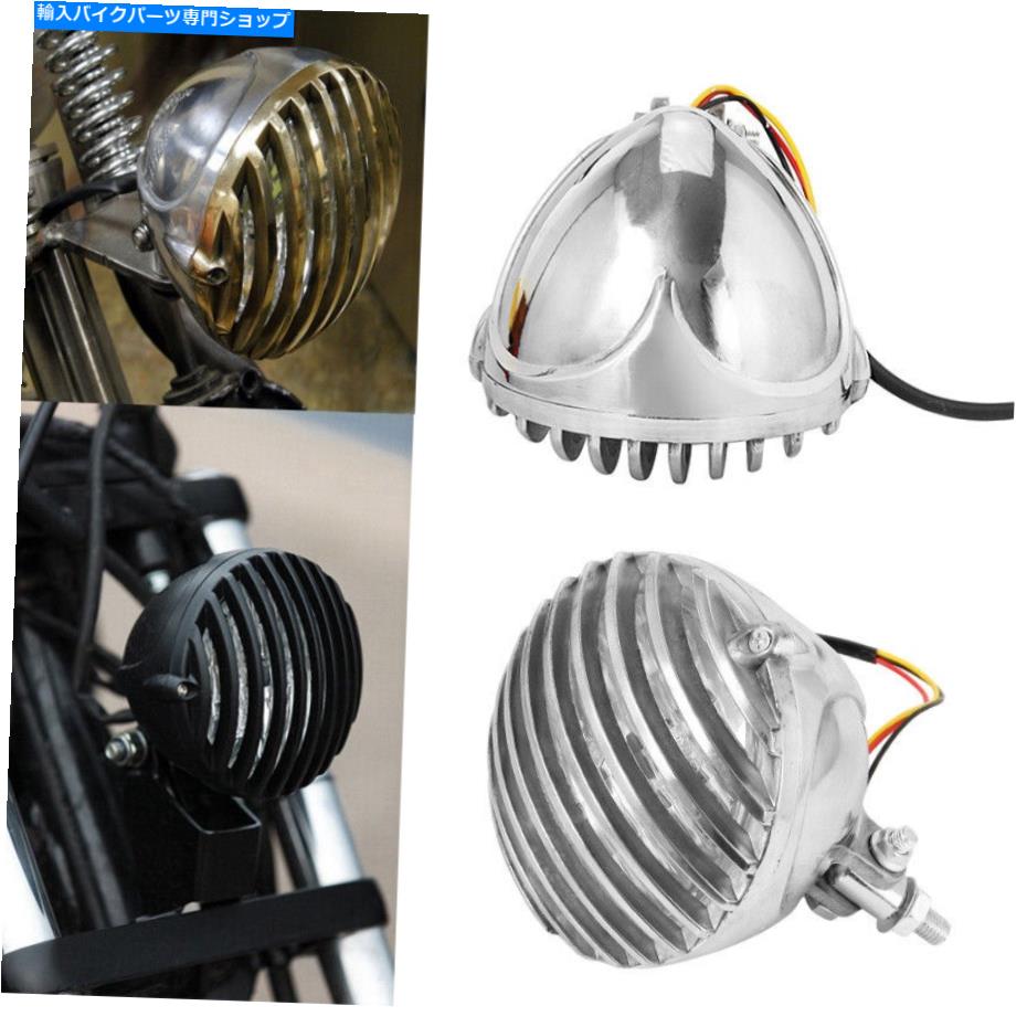 Headlight ハーレーボバーチョッパー用のクロムレトロヘッドライトフィングリルスカラップランプ Chrome Retro Headlight Finned Grill Scalloped Lamp for Harley Bobber Chopper