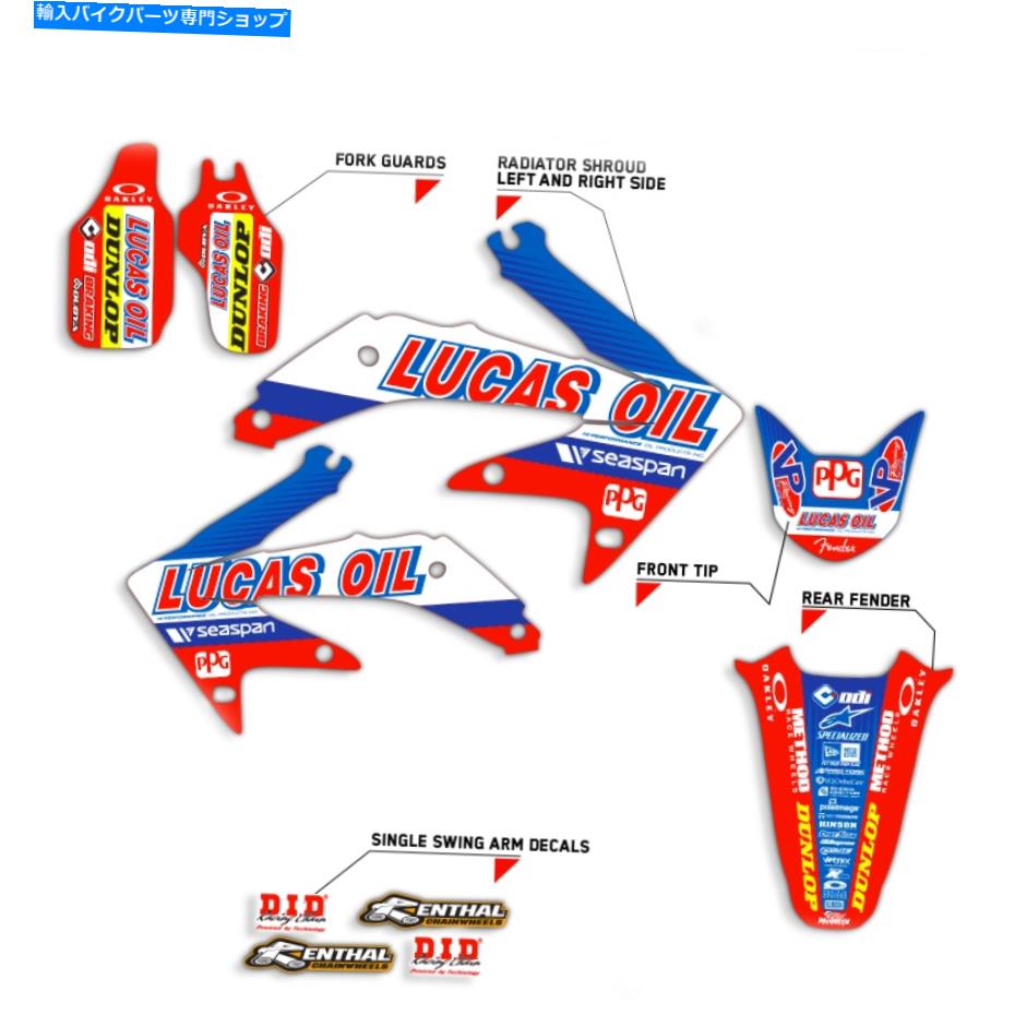 Graphics decal kit 2008-2014 Honda CRF 150F 230FグラフィックキットCRF230Fルーカスオイル：赤 /青いデカール 2008-2014 HONDA CRF 150F 230F GRAPHICS KIT CRF230F LUCAS OIL : RED / BLUE DECALS