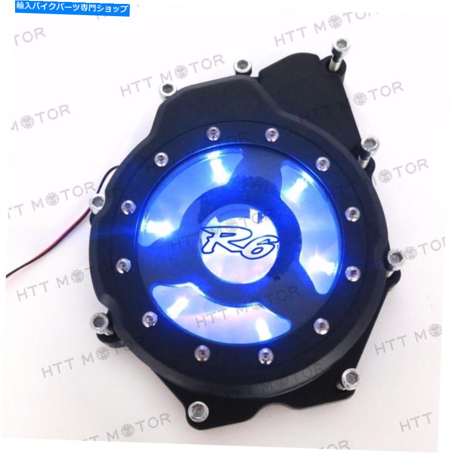 Engine Covers ブルーLEDブラック左エンジンステーターカバーヤマハ2006-2014 YZF-R6を見る Blue LED Black Left Engine Stator Cover See Through For Yamaha 2006-2014 YZF-R6