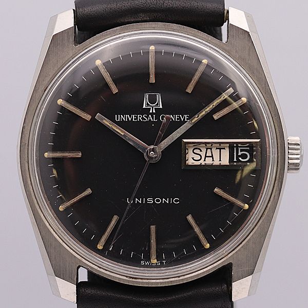 デッドストック級 ユニバーサルジュネーブ UNISONIC 手巻 黒文字盤 デイデイト メンズ腕時計 OGH 10880ABC0048400 3ERT