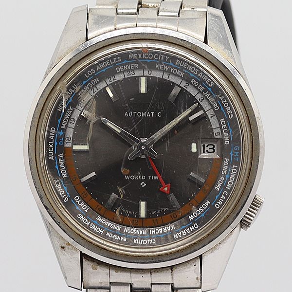 デッドストック級 稼働 セイコー AT/自動巻 6117-6010 ワールドタイム デイト 黒文字盤 メンズ腕時計 STU 323ABC0572500