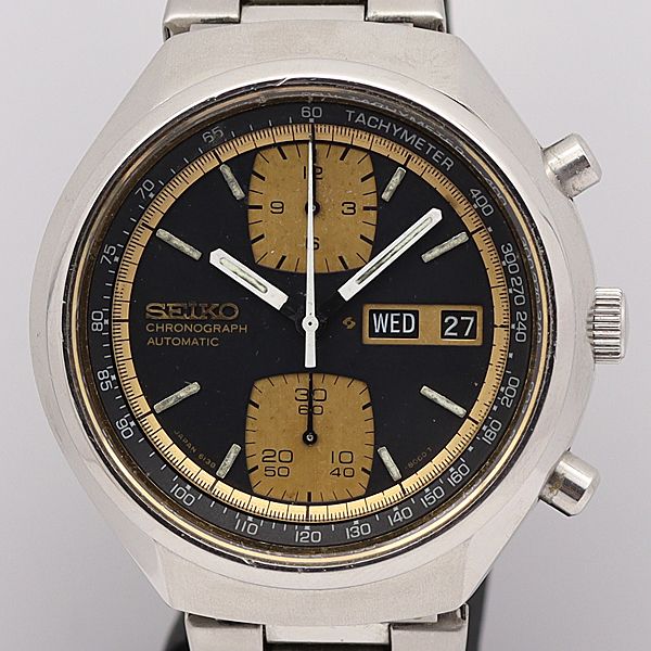 デッドストック級 稼働 良品 2コマ付 セイコー AT/自動巻 6138-8030 黒文字盤 デイデイト クロノグラフ メンズ腕時計 430ABC5950300KYM