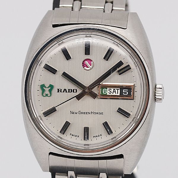ラドー デッドストック級 美品 AT ラドー ニューグリーンホース デイデイト シルバー文字盤 メンズ腕時計 KOR 5648ABC0998100