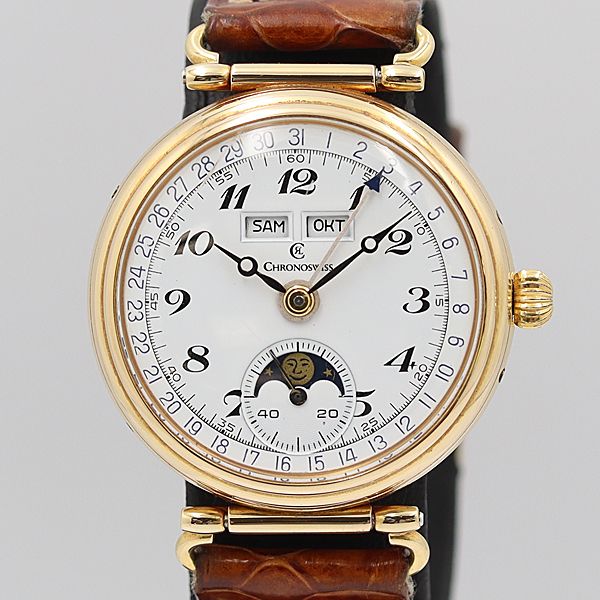 デッドストック級 稼働 クロノスイス 18K/750 トリプルカレンダー ムーンフェイス 手巻 ヴィンテージ メンズ腕時計NSY13259ABC9039030 8APT