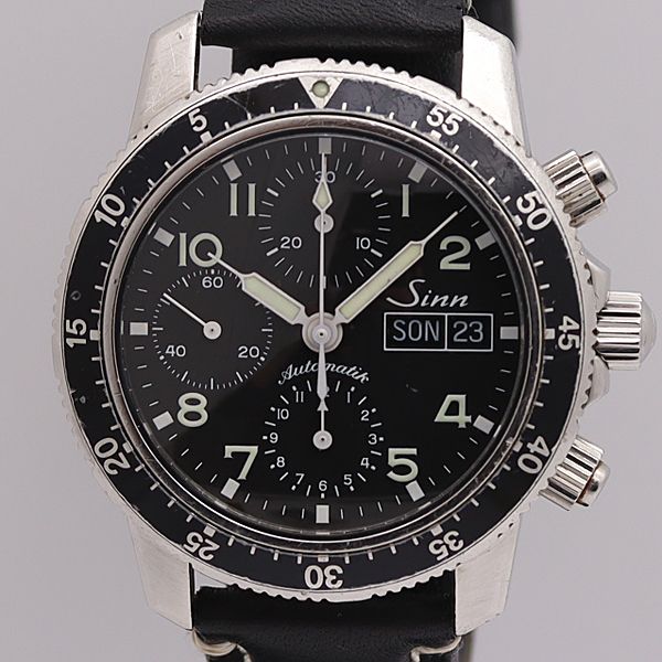 デッドストック級 稼働 良品 ジン AT/自動巻 103.B.SA インストゥルメント 黒文字盤 クロノ デイデイト メンズ腕時計 7079ABC 8838110SMD
