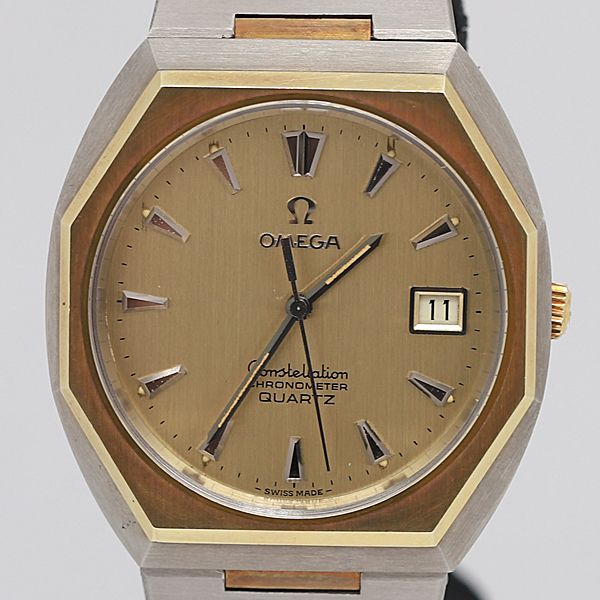 デッドストック級 QZ オメガ 198.0114 コンステレーション クロノメーター デイト ゴールド文字盤 メンズ腕時計 KOR ABC4821 0007700