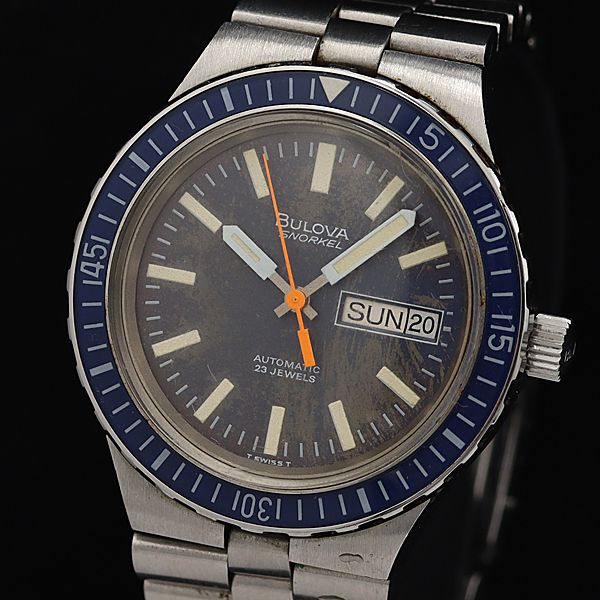 稼働 ブローバ スノーケル デイデイト ネイビー文字盤 AT 極上 希少アンティーク メンズ腕時計 デッド..