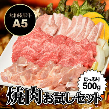 焼肉お試しセット たっぷり500g （約2〜3人前） 大和榛原牛A5カルビ ＋ 銘柄鶏 ＋ 豚トロ 送料無料牛肉 黒毛和牛 A5 大和美豚 焼肉 焼き肉 ヤキニク BBQ カルビ かるび RCP