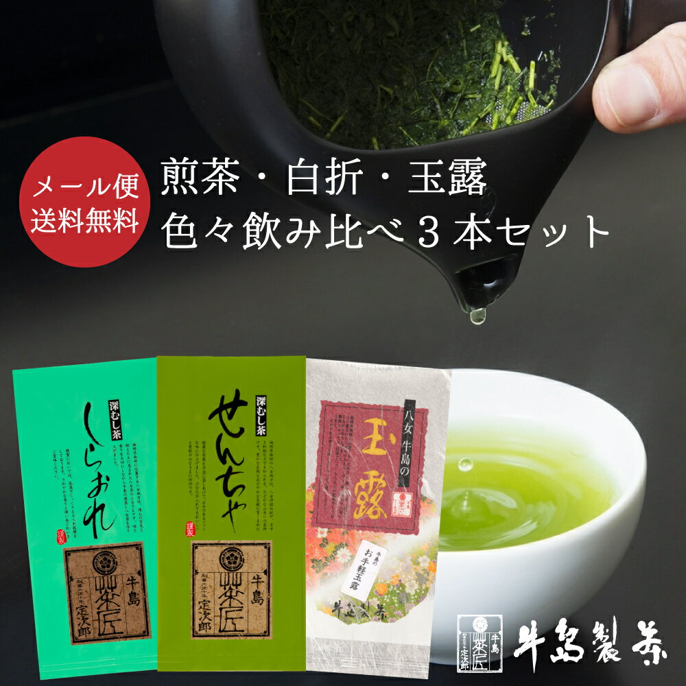 【2024年新茶ご予約☆発送日は6月4日以降】【メール便送料無料】お茶 日本茶 3本セット 3種類飲み比べ 100g×3本セット 八女茶 深蒸し茶 茶葉 煎茶 白折 玉露 緑茶 急須用 カテキン 八女深蒸し煎茶・八女白折・八女玉露飲み比べセット