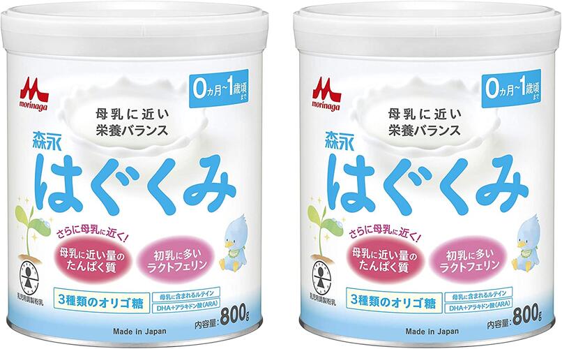 商品説明種類別乳児用調製粉乳・母乳代替食品 商品名森永乳業 はぐくみ 大缶(800g×2缶パック) JANコード4902720109116原材料名 乳糖、調整脂肪（パーム核油、パーム油、大豆油、エゴマ油）、ホエイパウダー（乳清たんぱく質）、脱脂粉乳、でんぷん分解物、乳清たんぱく質消化物、カゼイン、バターミルクパウダー、乳糖分解液（ラクチュロース）、ガラクトオリゴ糖液糖、ラフィノース、精製魚油、アラキドン酸含有油、カゼイン消化物、食塩、酵母、L-カルニチン／炭酸カルシウム、レシチン、炭酸カリウム、塩化マグネシウム、ビタミンC、ラクトフェリン、クエン酸三ナトリウム、イノシトール、リン酸水素二カリウム、コレステロール、塩化カルシウム、ピロリン酸第二鉄、タウリン、硫酸亜鉛、ビタミンE、シチジル酸ナトリウム、パントテン酸カルシウム、ニコチン酸アミド、ウリジル酸ナトリウム、硫酸銅、5’-アデニル酸、ビタミンA、イノシン酸ナトリウム、グアニル酸ナトリウム、ビタミンB6、ビタミンB1、葉酸、β-カロテン、カロテノイド、ビオチン、ビタミンD3、ビタミンB12 商品仕様●容量：800g×2缶パック●0カ月から1歳頃まで 賞味期限別途商品ラベルに記載保存方法乾燥した涼しい場所に保管してください。製造者・販売者 森永乳業 株式会社東京都港区芝5-33-1フリーダイヤル：0120-303-633