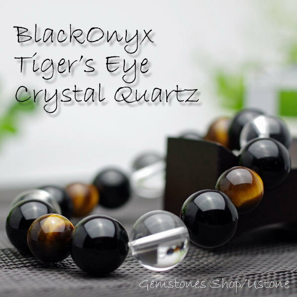 タイガーアイ 天然水晶 ブラックオニキス 14mm玉 ラウンド ブレスレット【合計3,980円以上で送料無料】天然石 パワーストーン タイガーアイ【パワーストー...