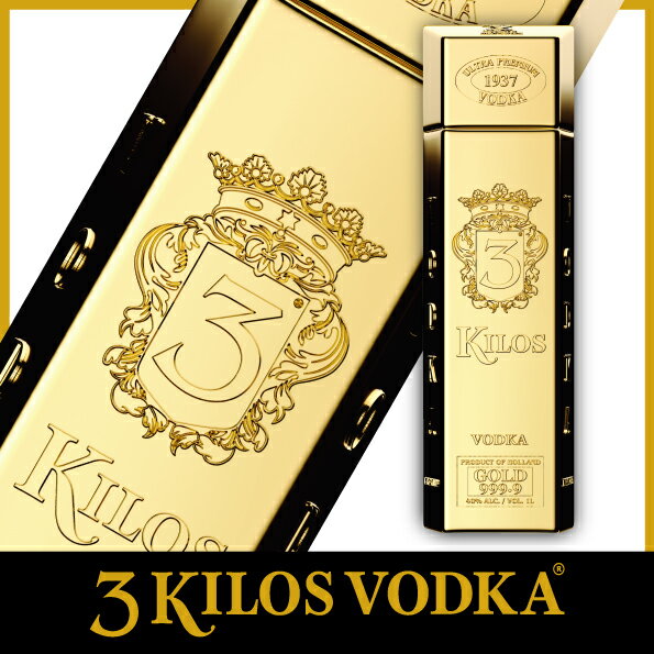 名称 3Kilos Vodka Gold 999.9 (スリーキロスウォッカ） 解説 金塊をモチーフにしたボトルが特徴の「3Kilos Vodka Gold 999.9」はバニラビーンズと優しいフローラルな香りに加え、シルクのような滑らかな舌触りで、ほのかなグレープフルーツとアーモンドのすっきりとした味わいのウォッカになります。 内容量 750ml サイズ 高さ277mm/幅102mm/奥行き63mm アルコール度数 40度 生産国 オランダ 販売者 株式会社エレメント