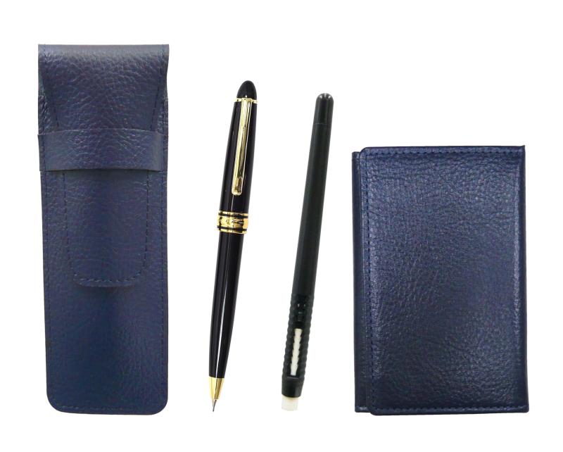 牛革青ペンケースと名刺入れ ペン型消しゴム黒とメタルリングキャップスライド式レトロシャープペンセット SASL-MEIL-MC46B-8838S