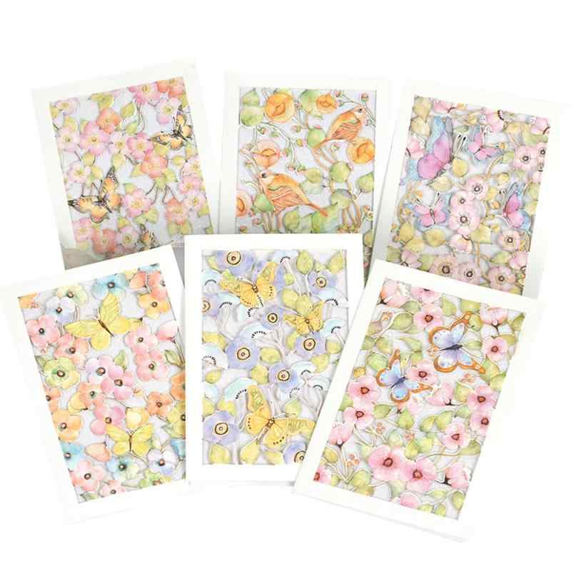 moin moin メッセージ カード 花柄 6種セット 中紙 & 封筒 付属/全面 総柄 大きめ 12.5×18cm キラキラ シルバー ホワイト ちょうちょ 蝶 繊細 美麗 ピンク ブルー 水彩 イラスト 鳥 すずめ 幻想的(3)
