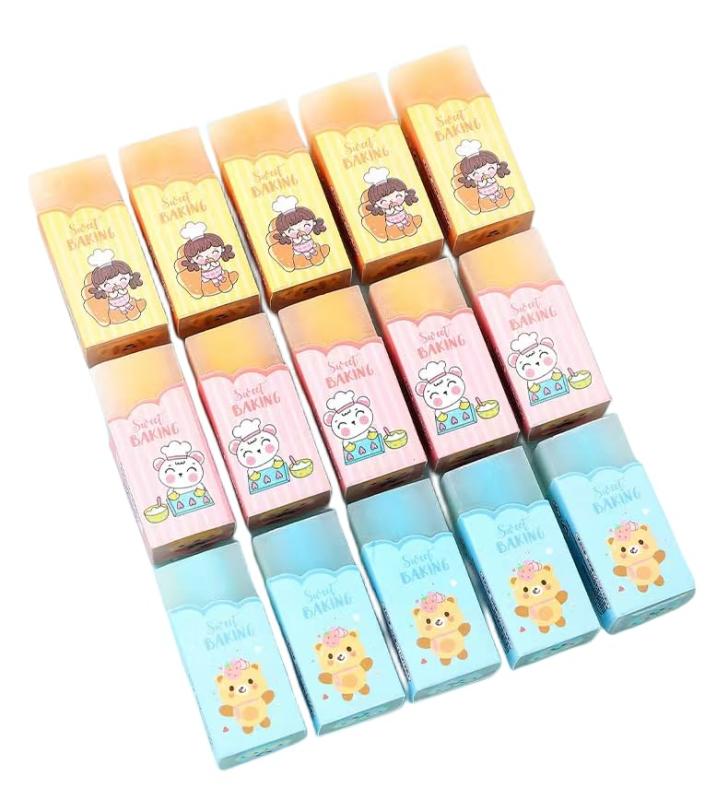 12Pcs 漫画の鉛筆消しゴム、かわいい甘いスナックパターン、柔らかく適用範囲が広いゴム製ゼリー状消し..