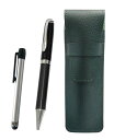 シボ革ペンケースモスグリーン メタルタッチ棒銀とカーボン・ファイバー回転ボールペンセット SASMG-ALST-PD01