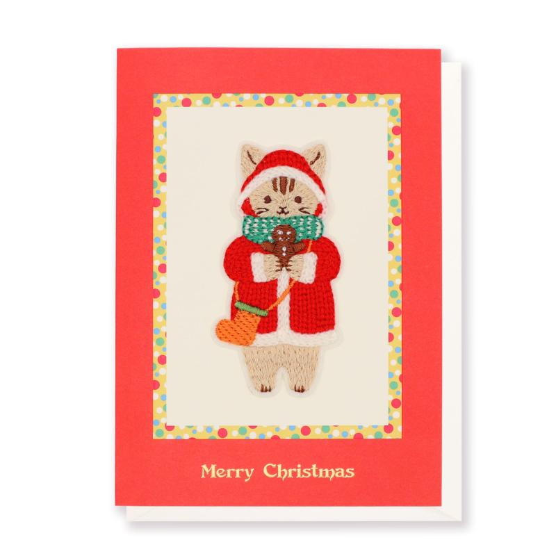 クリスマス カード 刺繍 猫 赤コート| リーフ ワーク カンパニー ポップアップカード 封筒付き メッセージカード 3D おしゃれ お祝い | グリーティング...