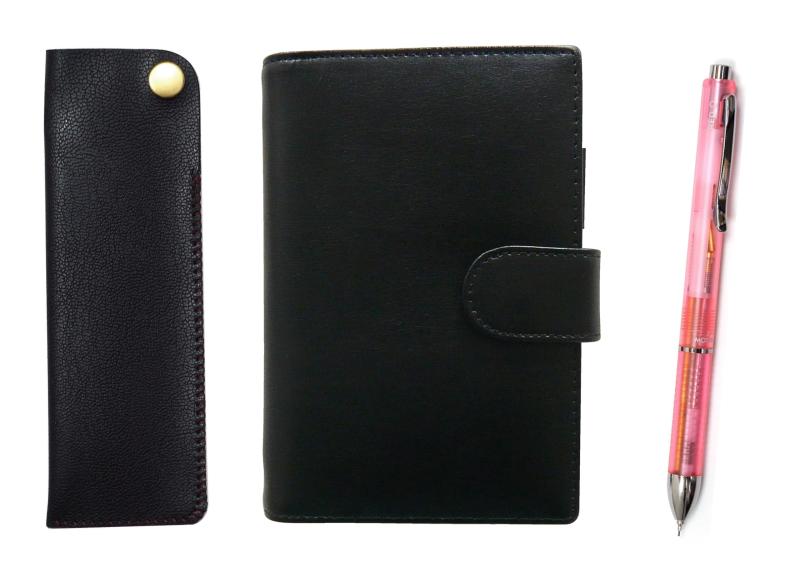 エコB7牛革ミニシステム手帳と横ホックペンケース黒 3メカジャパンクリアセット ピンク T23-LS002B-NK01B-CL3M-P