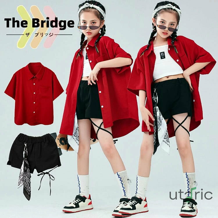 ゆるシャツ 赤 キッズ ダンス 衣装 セットアップ 女の子 子供服 ダンス 練習着 キッズ セットアップ ダ..