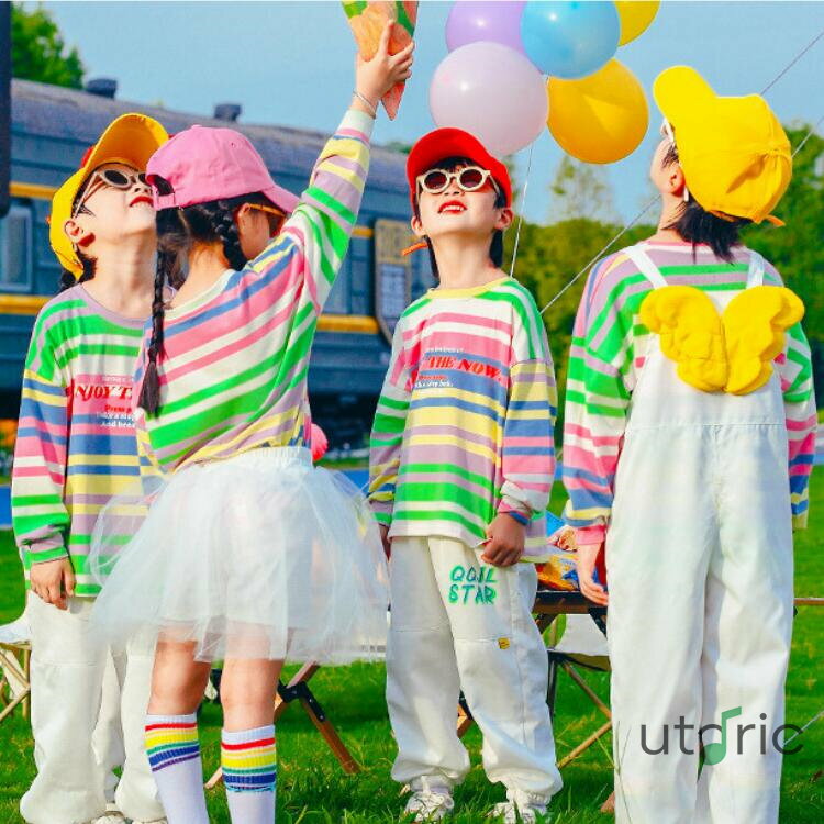 子供服 ヒップホップ ダンス衣装 ヒップホップ キッズ ダンス衣装 レインボーイベント 虹色 お揃い セットアップ ヒップホップ 男の子 女の子 韓国ファッション トップス パンツ スカート サロペット ダンスウエア レッスン着 ステージ衣装 K-POP jazz 卒業写真