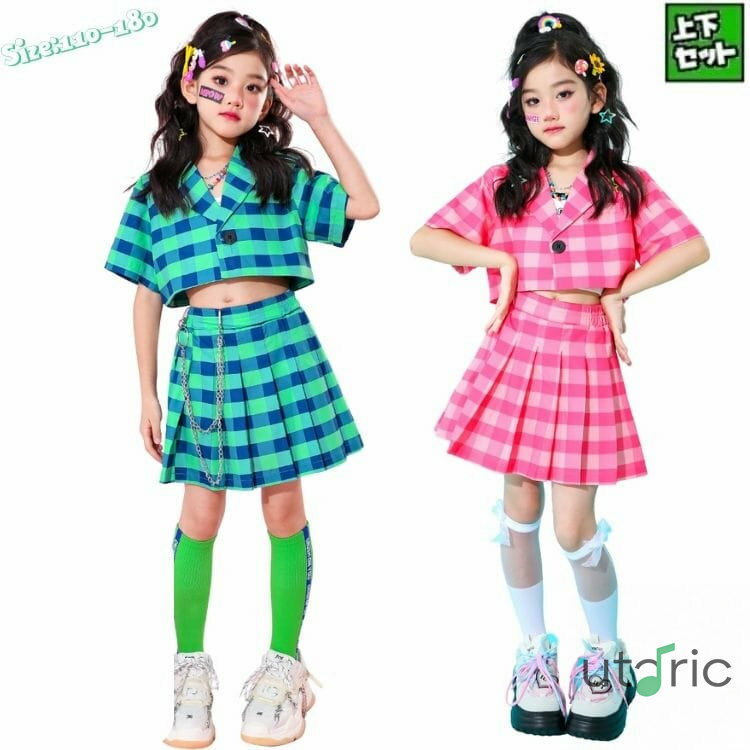 キッズ ダンスウェア 女の子 チェック柄 グリーン ピンク チアガール 応援団 キッズダンス衣装 セットアップ ヒップホップ hiphop ジャズダンス 上下セット 子供服 へそ出し ミニスカート おしゃれ かっこいい 韓国 k-pop 演出服 練習着 発表会 普段着