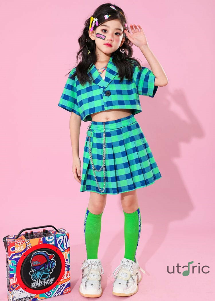 キッズ ダンスウェア 女の子 チェック柄 グリーン ピンク チアガール 応援団 キッズダンス衣装 セットアップ ヒップホップ hiphop ジャズダンス 上下セット 子供服 へそ出し ミニスカート おしゃれ かっこいい 韓国 k-pop 演出服 練習着 発表会 普段着
