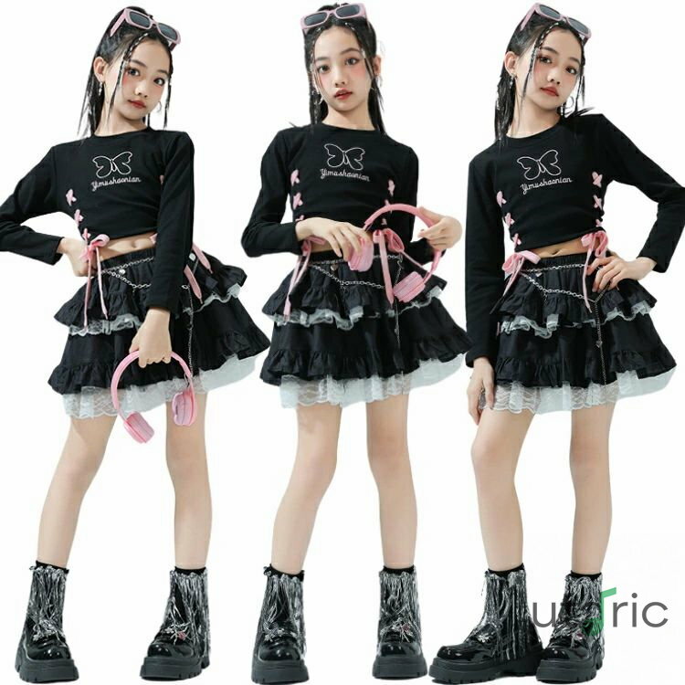 セットアップ 黒 蝶柄 フリル ストラップデザイン 単品 セット 長袖 スカート トップス ダンス衣装 ガ..