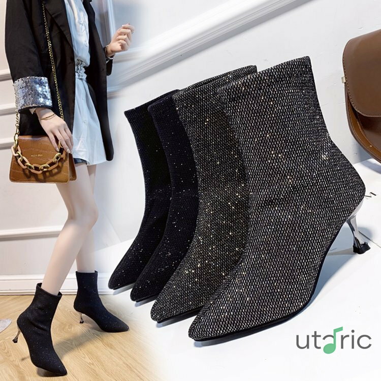 送料無料 ショートブーツ ブーツ レディース ソックス 歩きやすい 靴 キラキラ おしゃれ シンプル 靴 ブーティー ハイヒール 6.5CMヒール