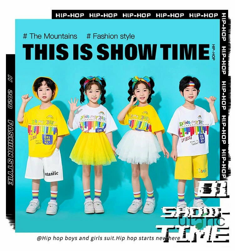 イエロー ホワイト クラス服 キッズダンス衣装 セットアップ ダンスウェア Tシャツ...