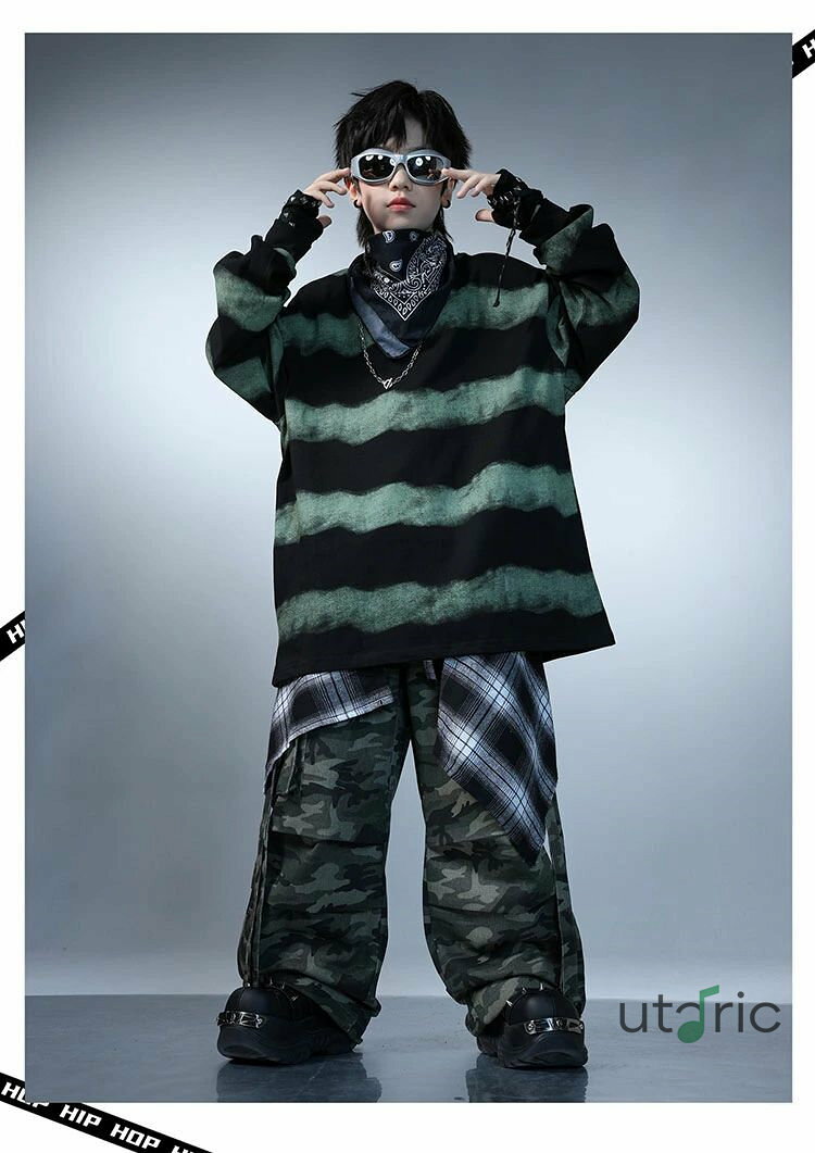 ボーダー柄 迷彩柄 キッズ 子供ダンス衣装 ヒップホップ 女の子 男の子 セットアップ ジャズダンス ストリート ユニセックス ダンスウエア ブラック グリーン 長袖トップス パンツ レジャー カジュアル ゆったり かっこいい 原宿系 発表会 演出服 練習服 団体服 110-180cm 2
