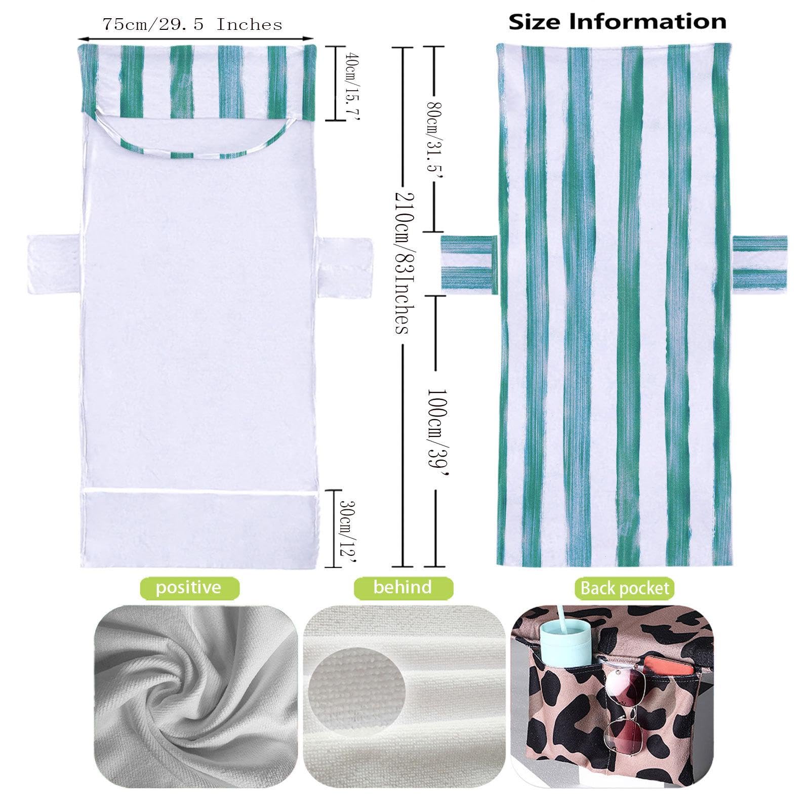 ビーチチェアカバー 実用的なマイクロファイバーストライプ プールラウンジチェアカバー タオル ポケット付き アウトドア 夏 旅行 レジャー用 草の緑