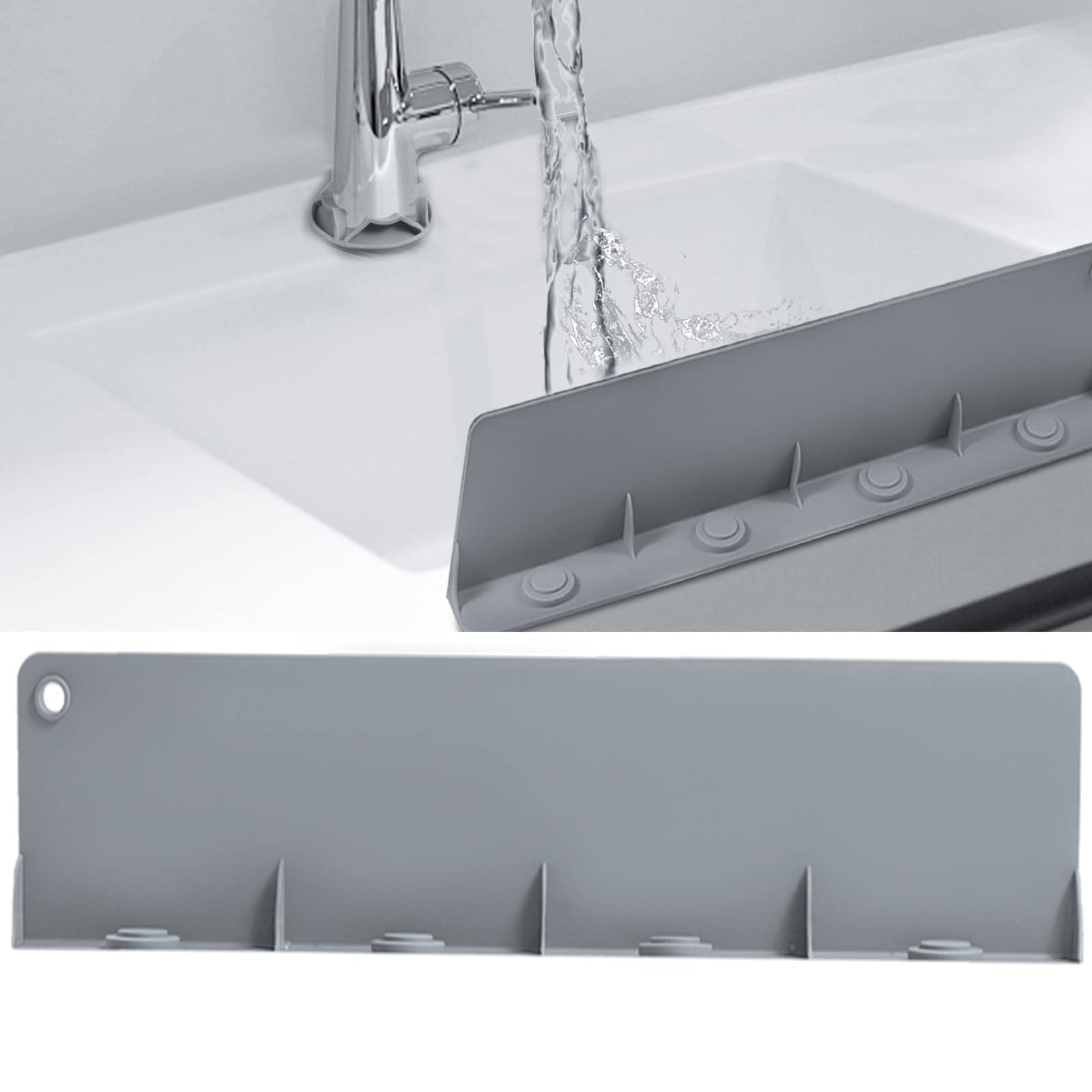 シリコンシンクスプラッシュガード キッチン用水しぶきガード 強力吸引シンクスプラッシュガード 蛇口の後ろ キッチンアイランドシンクバックスプラッシュガード (長さ17.1 幅2 高さ3.9インチ) - グレー