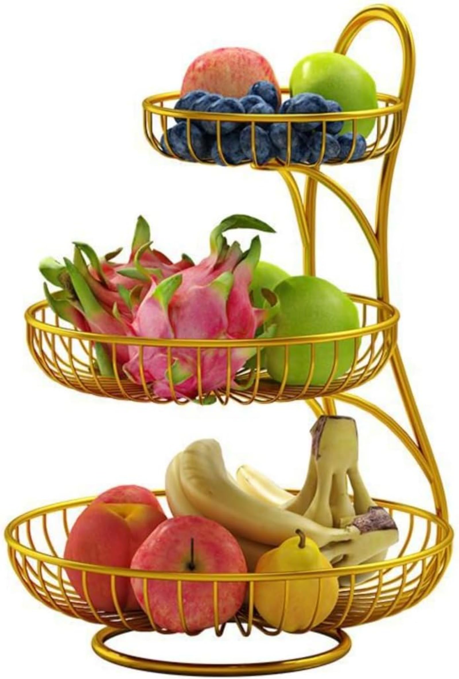 多機能フルーツバスケット 3段式 ケーキスタンド・収納トレイ - キッチン用品として果物・デザート・小物入れ・野菜棚に最適！デザイン性のインテリア雑貨 (ゴールデン 3段)