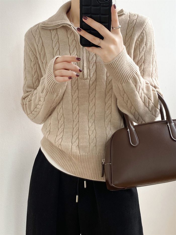 Three-Quarter Knit - ニットセーター レディース 秋冬 ハーフジップ ゴルフウェア ケーブルニット 襟付き 長袖 リブ編み プルオーバー カジュアル 柔らかい 暖かい 冬 ふわふわ ゆったり トップス シンプル 秋冬 快適 ハイネック 普段着