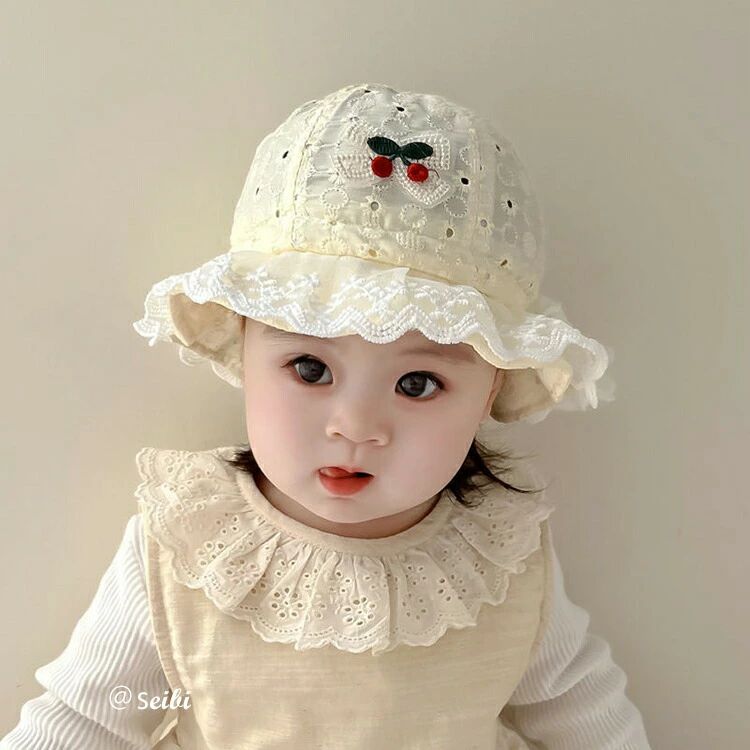ベビー UVカット 女の子 レース さくらんぼ 赤ちゃん ハット 保育園 日除け 帽子 赤ちゃん ナチュラル 春 夏 秋 子供 バケットハット サンハット 新生児 紫外線対策 折り畳み キャップ 通園 海遊び シンプル お洒落 アウトドア 出産祝い 3