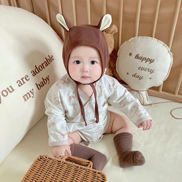 耳付き 帽子 ベビー かわいい 韓国 新生児 ボンネット 女の子 男の子 ナチュラル シンプル 春秋 おしゃれ 幼児 出産祝い 柔らかい 綿 出産準備 0歳 1歳 赤ちゃん ハット キャップ ギフト プレゼント 約38-46cm