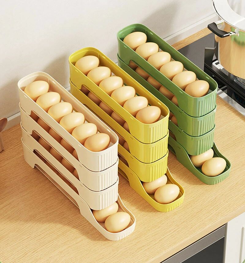 卵入れ 卵収納ボックス スライド式 自動ローリング 2段 3段 4段 卵ケース 冷蔵庫用 卵 オーガナイザー たまご 収納ケース ボックス エッグホルダー 取り出し便利 たまご収納 再利用可能 スペース節約 フタ付き たまご収納棚 卵保存容器