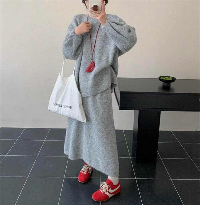 ニット セットアップ 上下セット ツーピース ロングスカート きれいめ リブニット トップス スカート セット ボトムス 着まわし レディース フリーサイズ 無地 シンプル 楽ちん クルーネック セレモニー カジュアル 体型カバー 柔らかい 暖か 着・せ かわいい