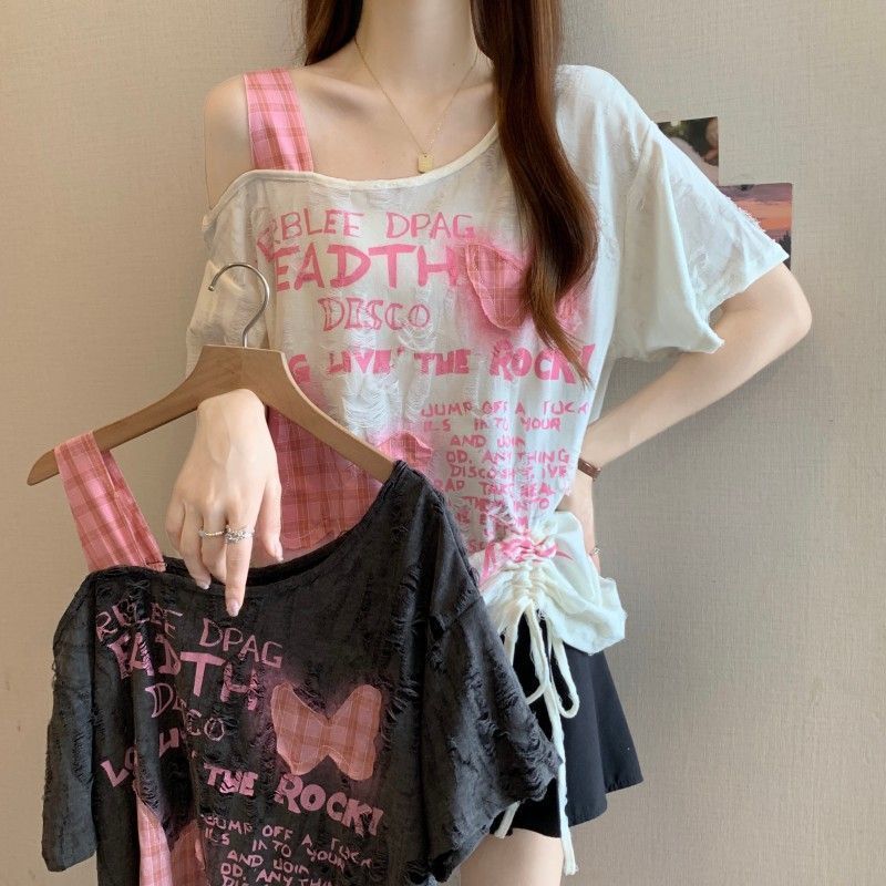Rakuten - レディース Tシャツ 半袖 ビッグシルエット ゆったり 大きめサイズ 体型カバー ダメージ加工 蝶モチーフ ワッペン付き 紐付き カジュアル 夏服 春夏 新作