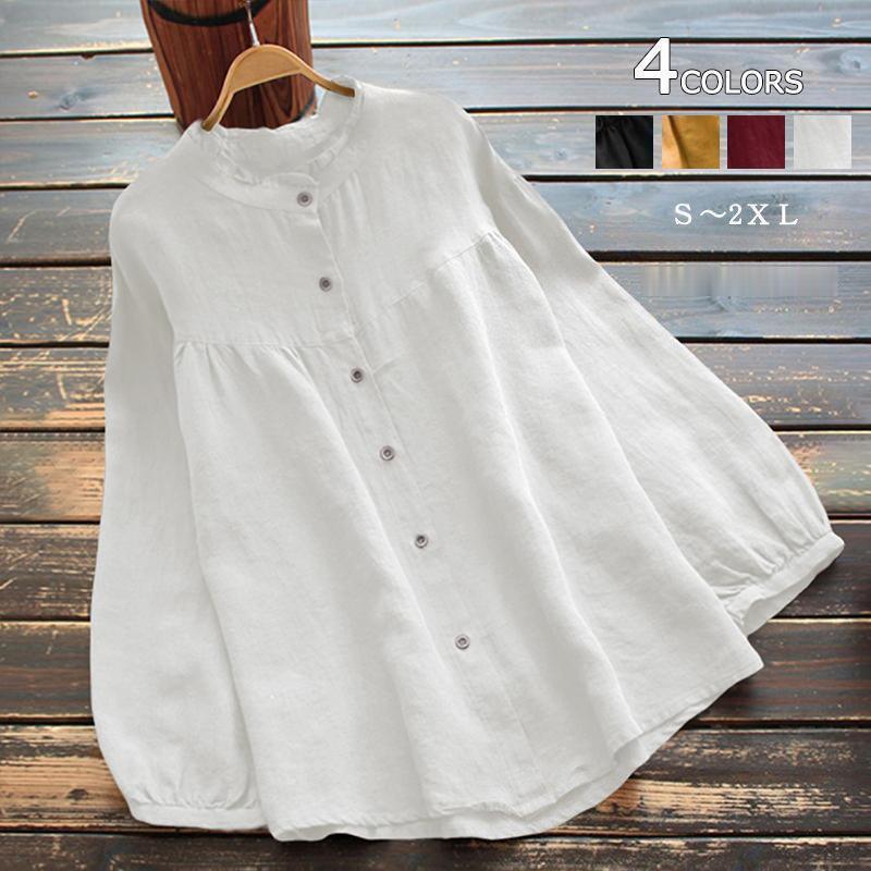 シャツ ブラウス レディース チュニック トップス 無地 シャツ バルーン袖 春 秋 シャツブラウス 白シ..