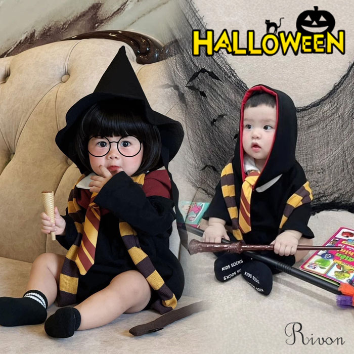 Rakuten - ＼5点セット／ハロウィン ベビー コスプレ マント 魔法 コスプレ 衣装 ベビー ローブ 仮装 魔法 学校 制服 5点フルセット ( 帽子 + ネクタイ + スカーフ + 服 + 魔法の杖）小道具付き コスチューム ハロウィン パーティー イベント 誕生日 プレゼント 撮影 余興 遊園地