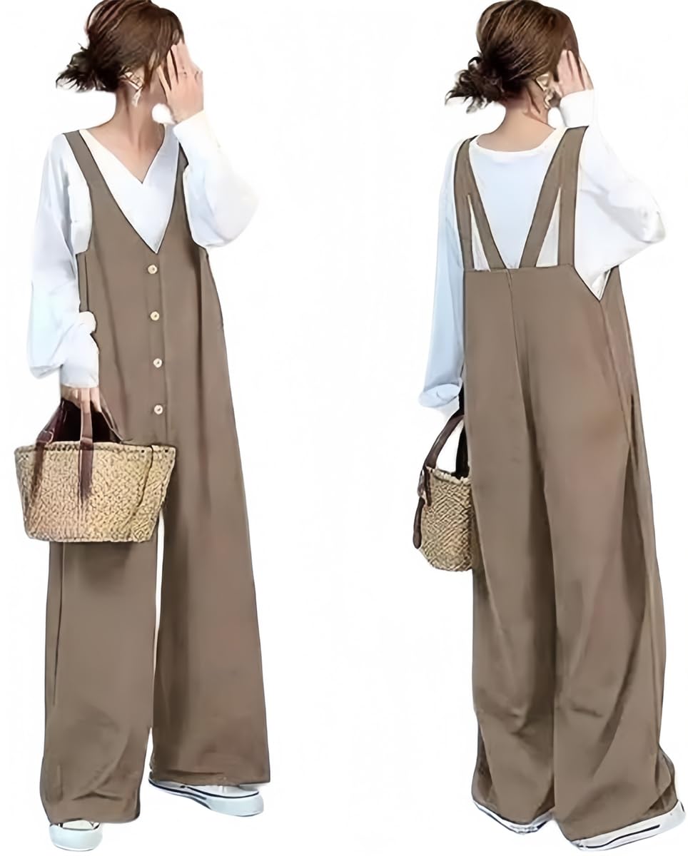 サロペット レディース オールインワン オーバーオール ロングパンツ ワイドパンツ 長ズボン 夏服 vネック シングルボタン カジュアル ゆったり 大人 可愛い 体型カバー おしゃれ 春夏 3色 普段着