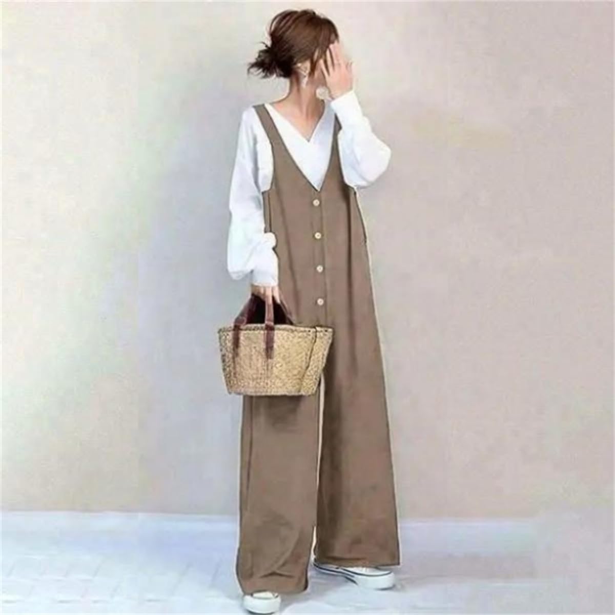 サロペット レディース オールインワン オーバーオール ロングパンツ ワイドパンツ 長ズボン 夏服 vネック シングルボタン カジュアル ゆったり 大人 可愛い 体型カバー おしゃれ 春夏 3色 普段着