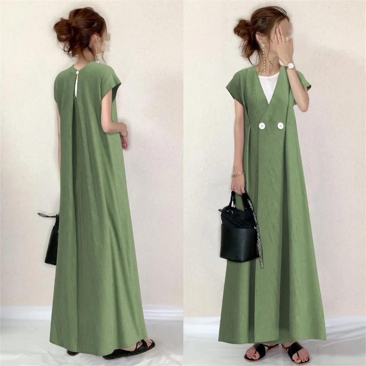 Rakuten - 夏ワンピース レディース マキシワンピース サマードレス 夏服 vネック ミニ袖 ロング丈 ハイウエスト Aライン フレア型 後ろボーダー カジュアル ゆったり おしゃれ 着痩せ 体型カバー 大人 可愛い