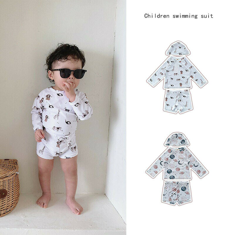 乐天商城 - 送料無料 New Arrival 子供水着 80~130cm 3点セット boy 長袖 スイムウェア キャップ付き 男女兼用 キャップ付き 男の子 ボイズ セパレート タンキニ ジュニア ラッシュガード 水着 女の子 キッズ 子ども用 スクール水着 みずぎ ベビー水着 楽天海外通販
